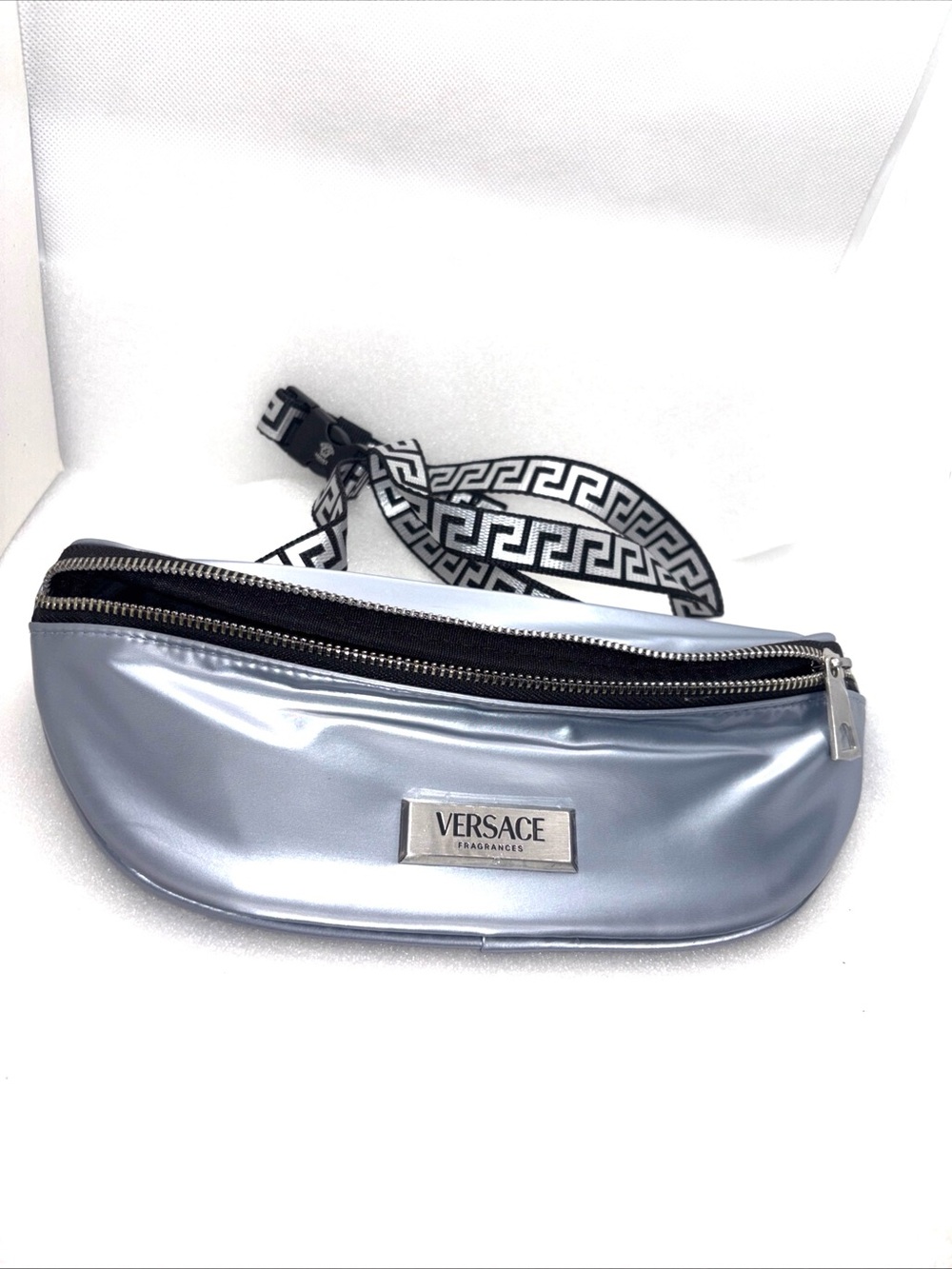 Versace Metallic Silver Logo Belt Bag
